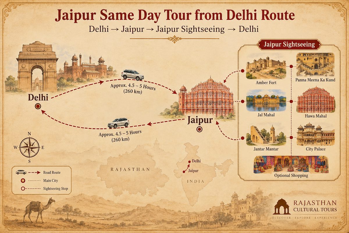 Jaipur Same Day Tour from Delhi route map with Jaipur sightseeing attractions