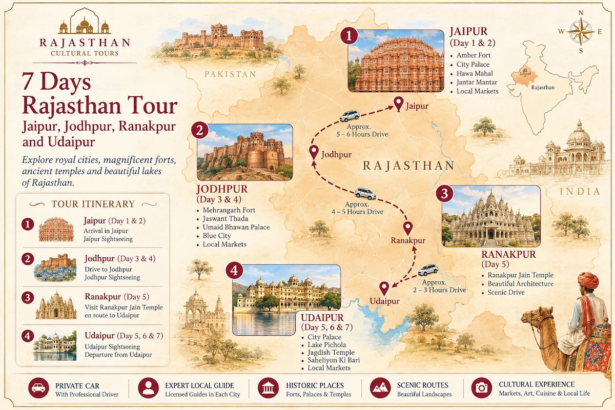 7 Days Rajasthan Tour map from Jaipur to Jodhpur, Ranakpur and Udaipur
