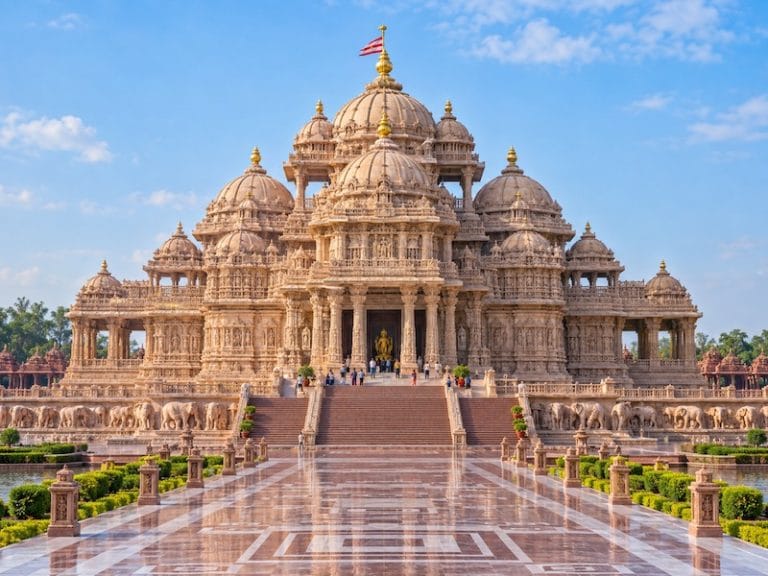 Delhi Monuments & Attractions Akshardham Temple in Delhi, India, known for its detailed stone architecture
