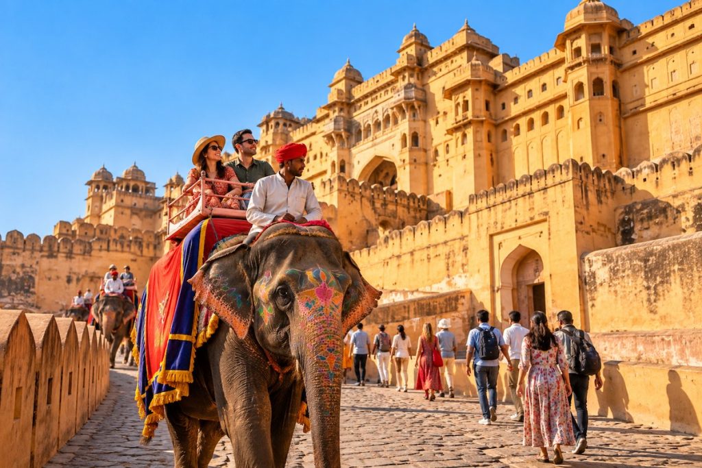 Travellers visiting Amber Fort in Jaipur during a Rajasthan tour