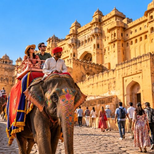 Travellers visiting Amber Fort in Jaipur during a Rajasthan tour