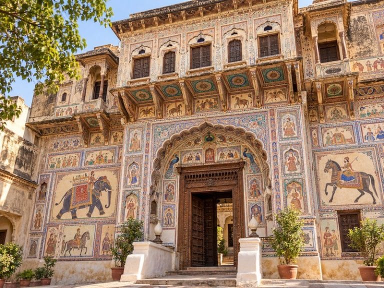 Mandawa Monuments & Attractions Hanuman Prasad Goenka Haveli in Mandawa with ornate fresco paintings and carved doorway