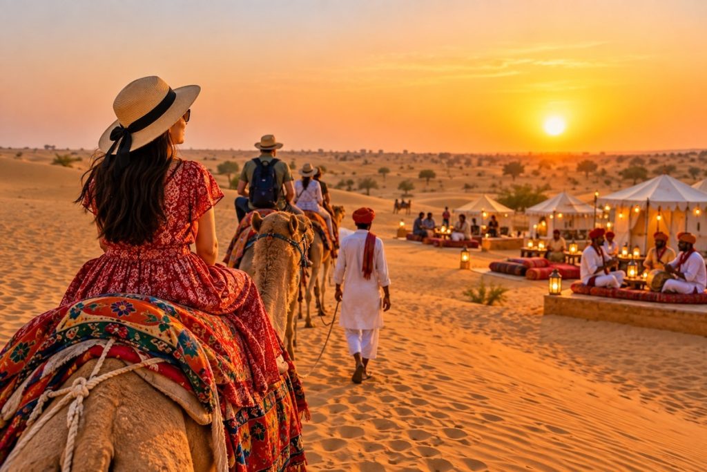 Travellers enjoying a camel safari in the Jaisalmer sand dunes