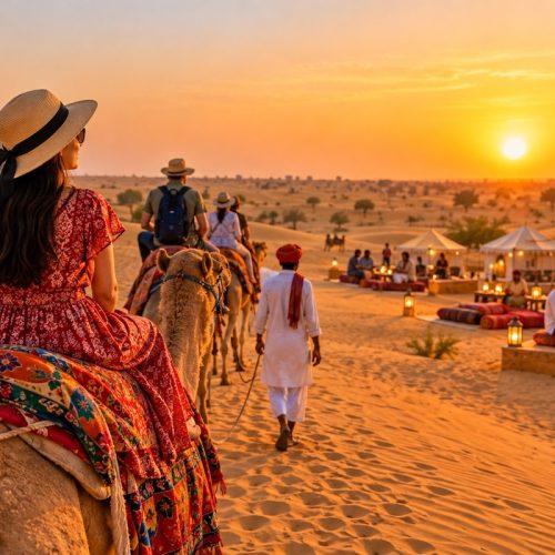 Travellers enjoying a camel safari in the Jaisalmer sand dunes