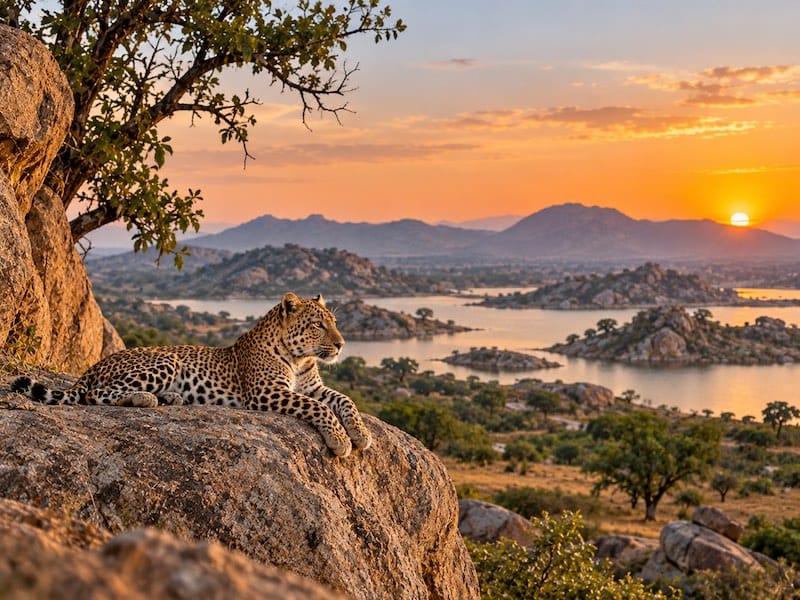 Wildlife Safari in Rajasthan Leopard resting on the rocky hills of Jawai, Rajasthan
