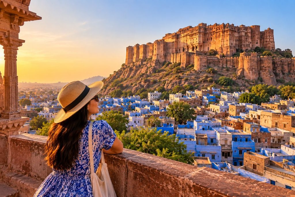 Traveller overlooking Jodhpur Blue City and Mehrangarh Fort