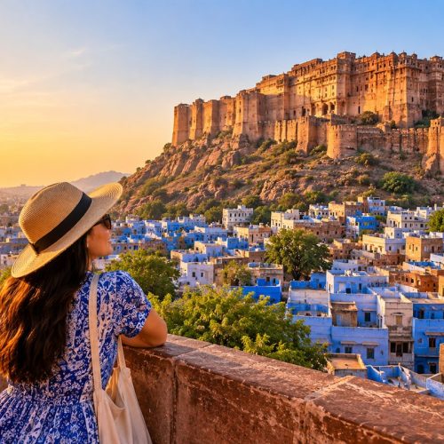 Traveller overlooking Jodhpur Blue City and Mehrangarh Fort