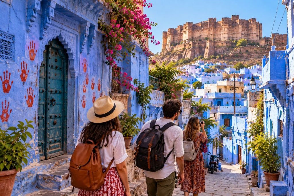 Traveller photographing Mehrangarh Fort and the Blue City of Jodhpur