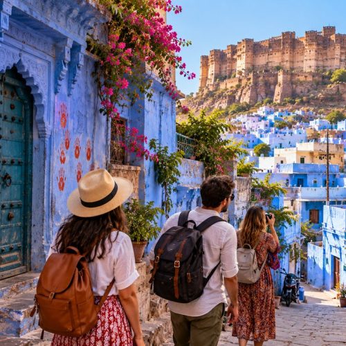 Traveller photographing Mehrangarh Fort and the Blue City of Jodhpur