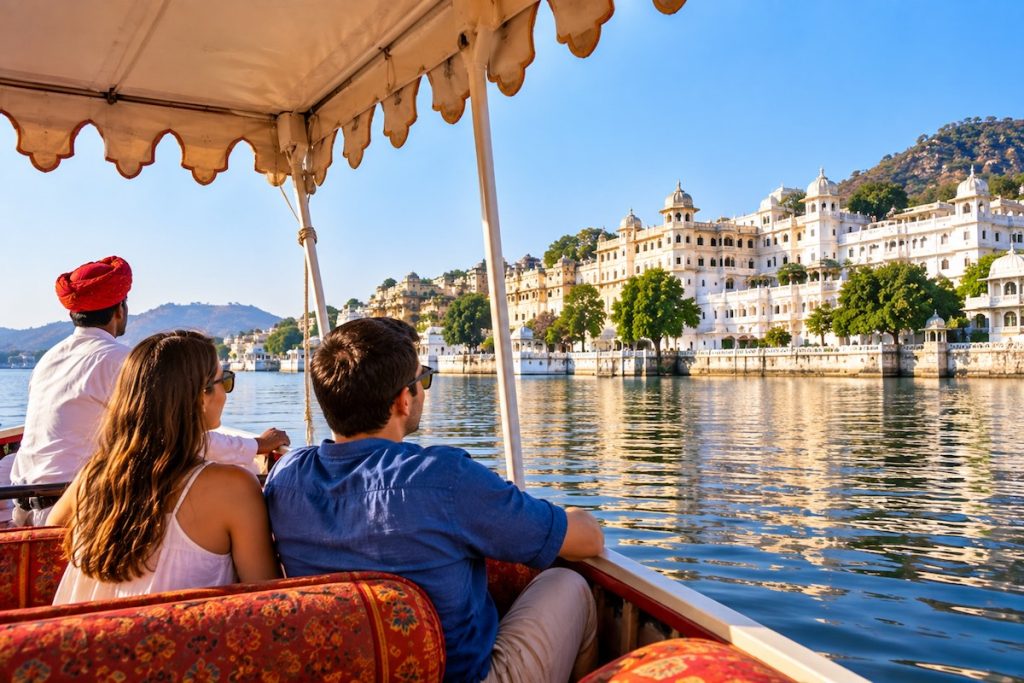 Travellers enjoying a boat ride on Lake Pichola in Udaipur