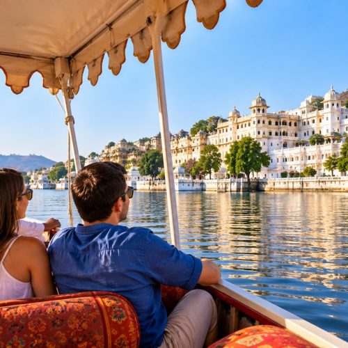 Travellers enjoying a boat ride on Lake Pichola in Udaipur