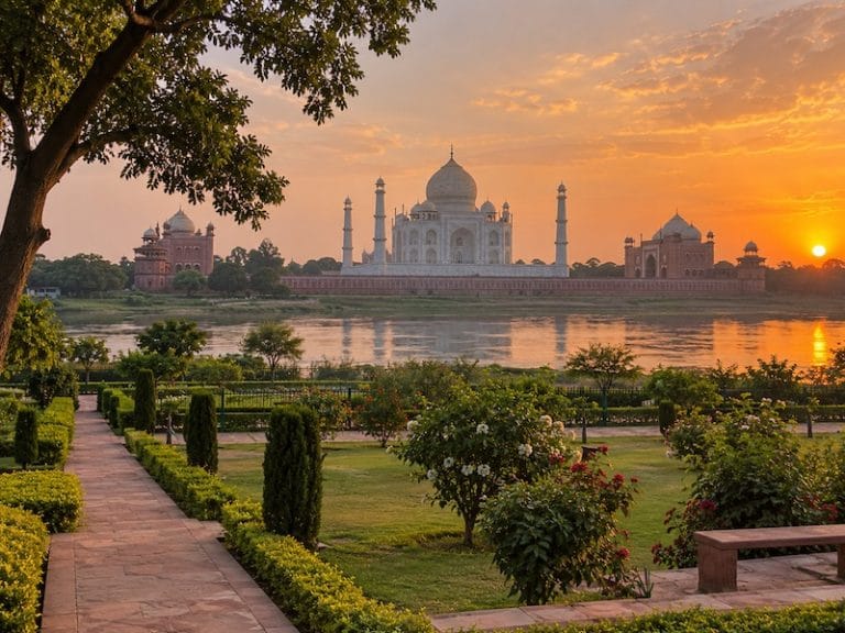 Agra Monuments & Attractions View of the Taj Mahal from Mehtab Bagh across the Yamuna River at sunset