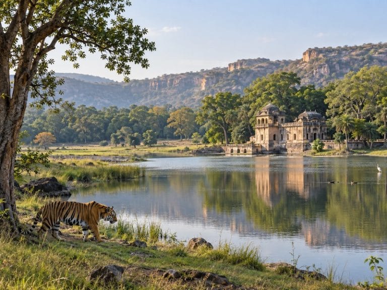 Padam Talao lake in Ranthambore National Park with wildlife and historic pavilion