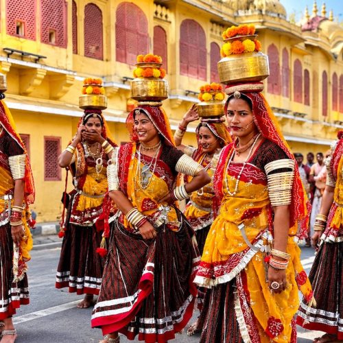 Traditional Rajasthani women in a colourful cultural procession in Rajasthan