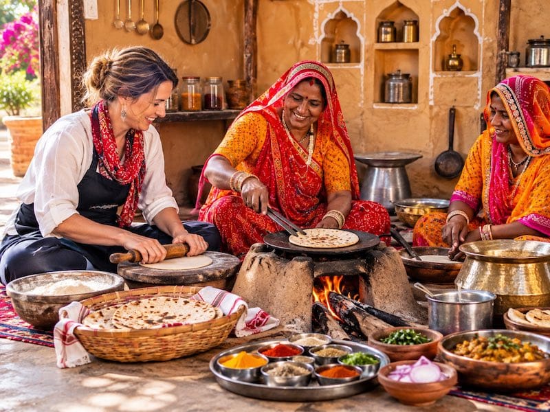 Traveller enjoying a traditional Rajasthani cooking experience with local women