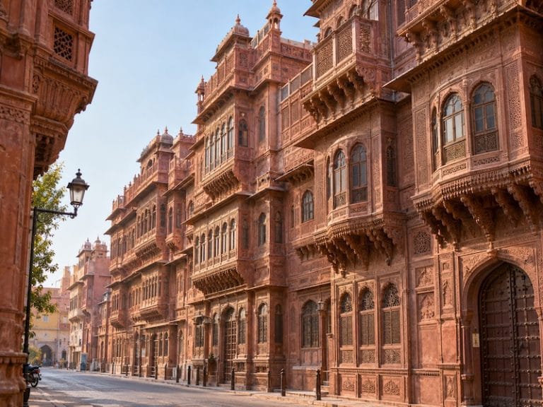 Bikaner Monuments & Attractions Rampuria Havelis in Bikaner with ornate red sandstone facades and jharokhas