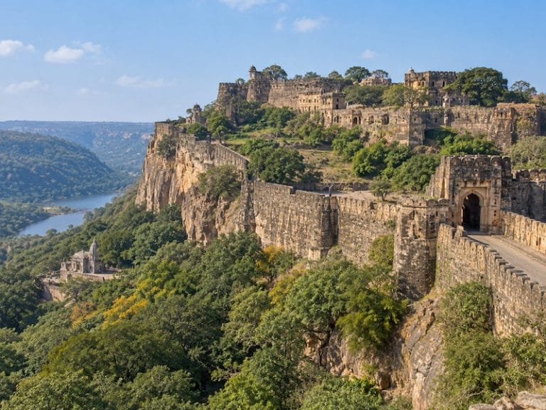 Historic Ranthambore Fort overlooking the forested landscape of Rajasthan