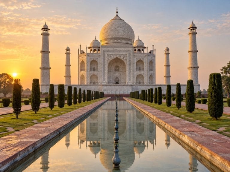 Agra Monuments & Attractions Taj Mahal in Agra India at sunrise with reflection in the garden pool places to visit in Agra