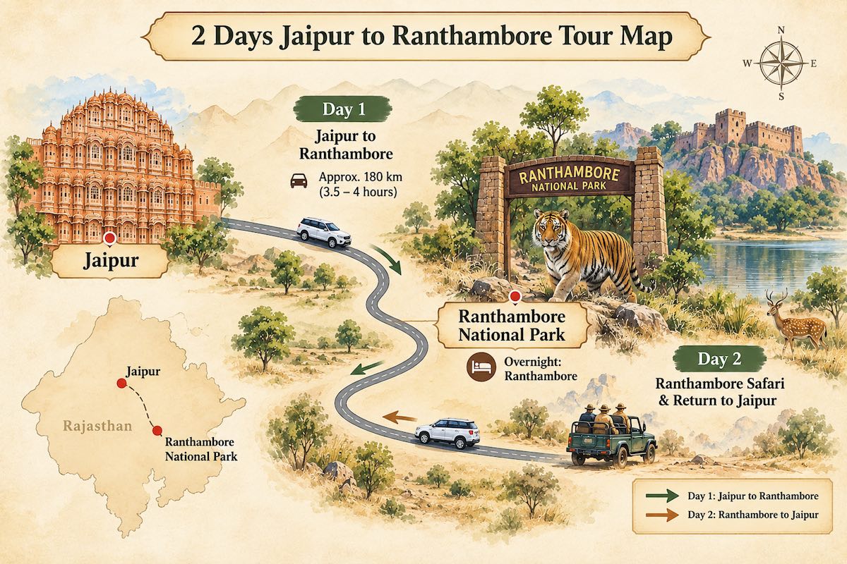 2 Days Jaipur to Ranthambore Tour map showing the private route, Ranthambore National Park safari and return to Jaipur