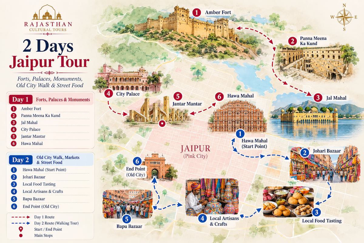 2 Days Jaipur Tour map showing Jaipur sightseeing, Old City walking tour, markets and street food experience