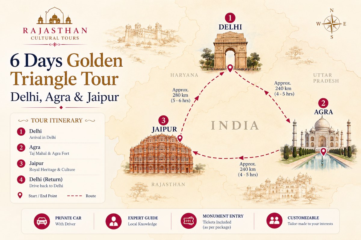 6 Days Golden Triangle Tour map showing Delhi, Agra, Jaipur and return to Delhi