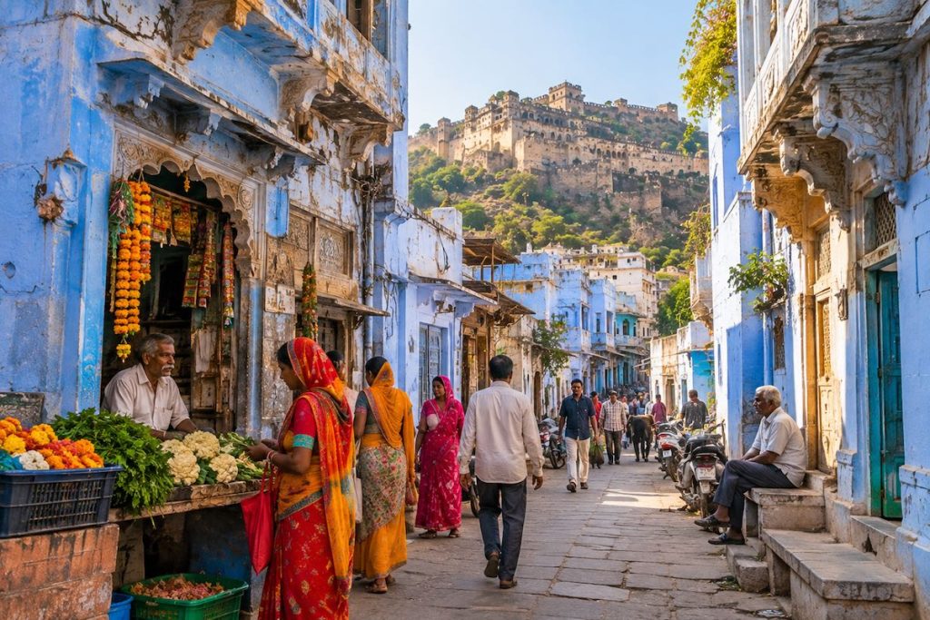Local life in the colourful streets of old Bundi Rajasthan