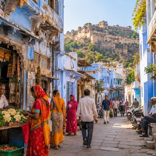 Local life in the colourful streets of old Bundi Rajasthan