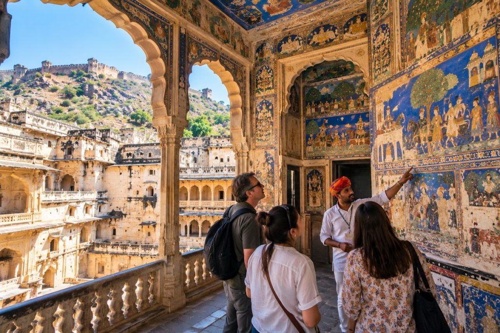 Travellers exploring Chitrashala murals with a local guide in Bundi Palace
