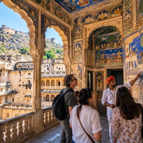 Travellers exploring Chitrashala murals with a local guide in Bundi Palace