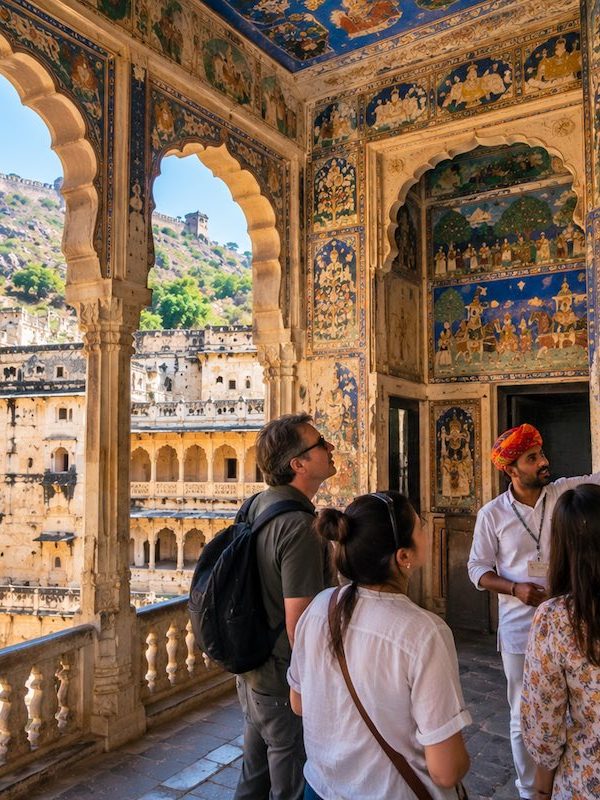 Travellers exploring Chitrashala murals with a local guide in Bundi Palace