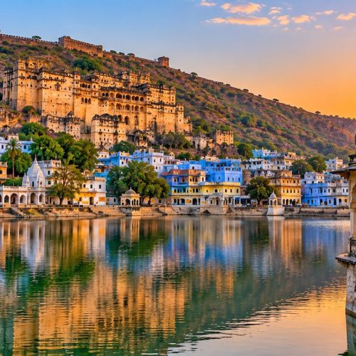Bundi Palace and historic town overlooking Nawal Sagar Lake