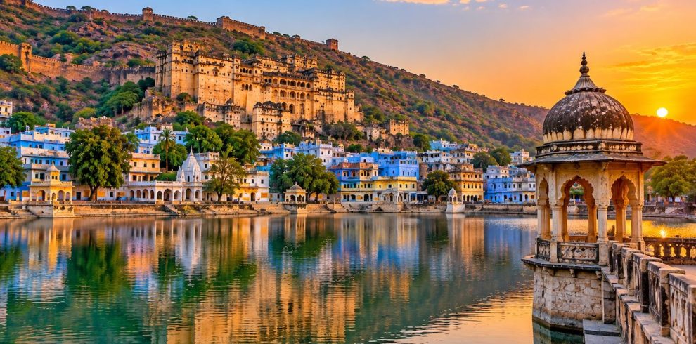 Bundi Palace and historic town overlooking Nawal Sagar Lake
