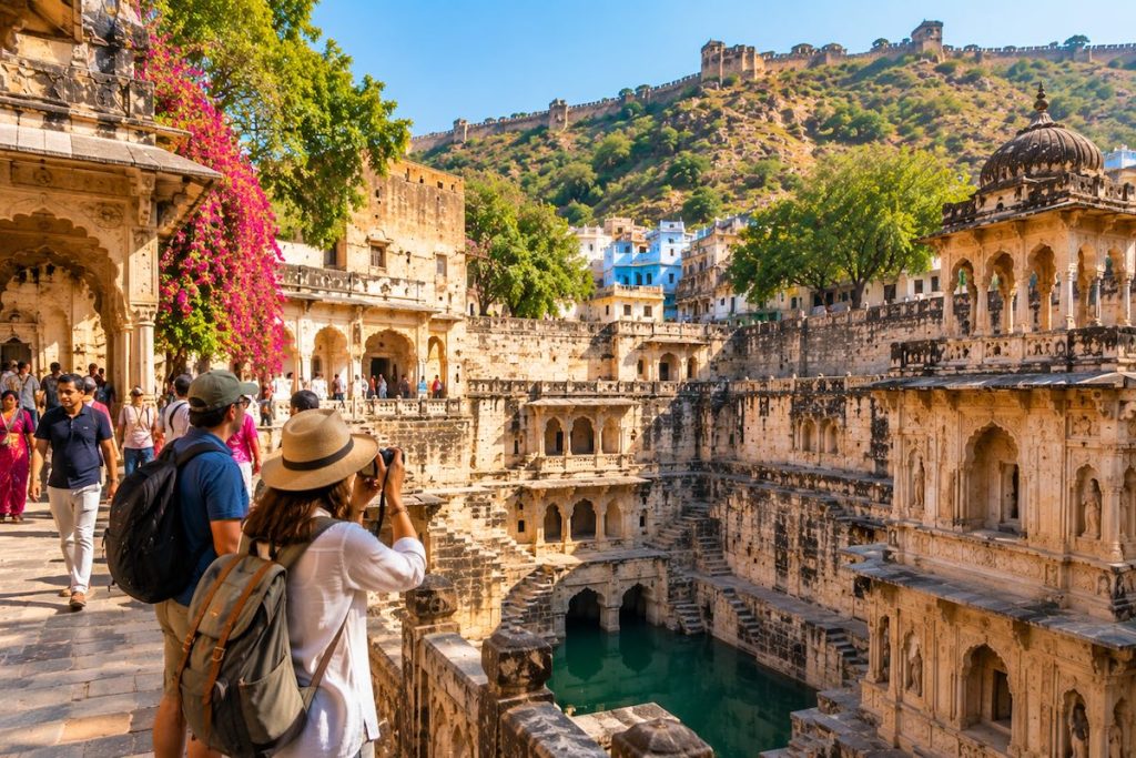 Travellers exploring a historic stepwell during a Bundi heritage tour