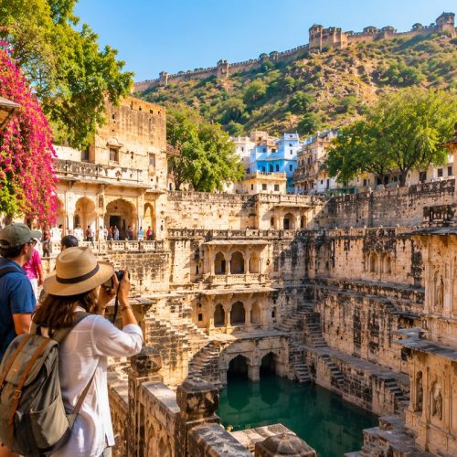 Travellers exploring a historic stepwell during a Bundi heritage tour
