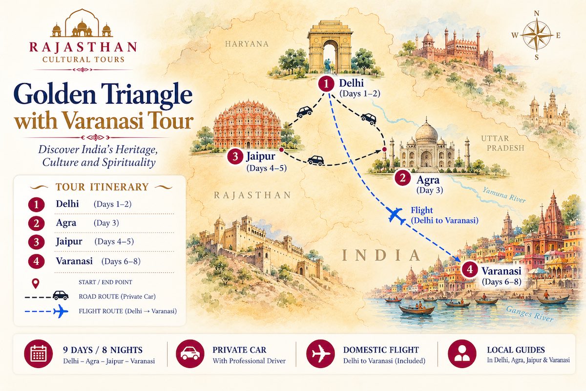 Golden Triangle with Varanasi Tour map showing Delhi, Agra, Jaipur and Varanasi, including the private road route and domestic flight from Delhi to Varanasi.