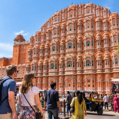 Travellers exploring Hawa Mahal during a Jaipur sightseeing tour