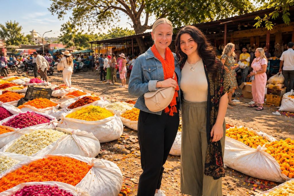 Travellers exploring the colourful flower market during a Jaipur local tour