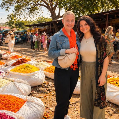 Travellers exploring the colourful flower market during a Jaipur local tour