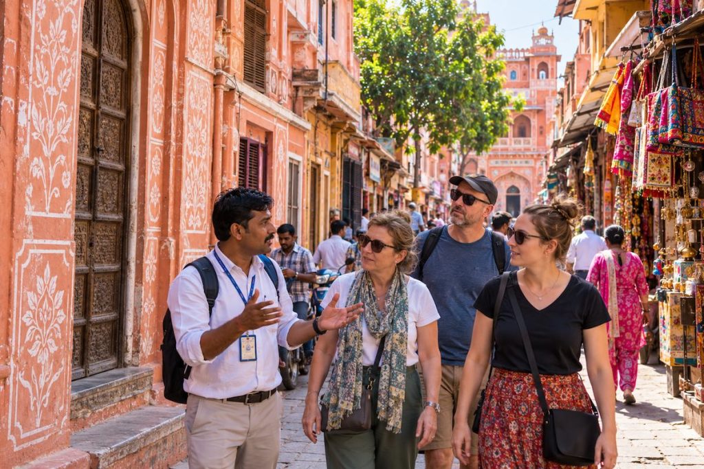 Travellers with a local guide during a Jaipur Old City walking tour