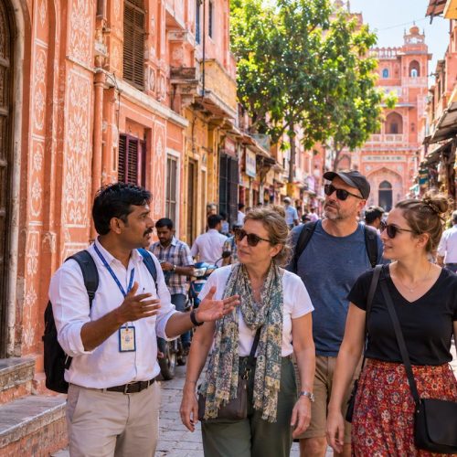 Travellers with a local guide during a Jaipur Old City walking tour