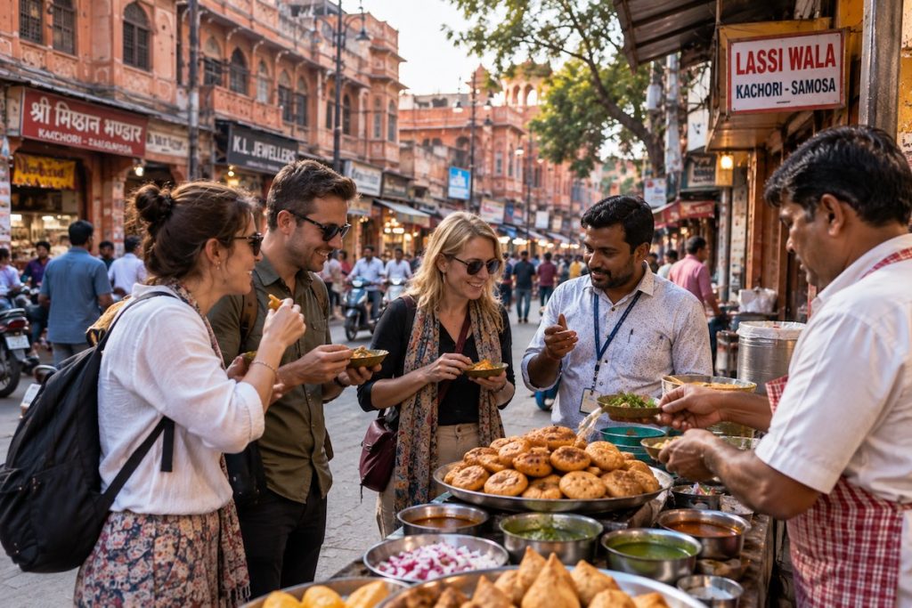 Travellers tasting local street food during a Jaipur food tour