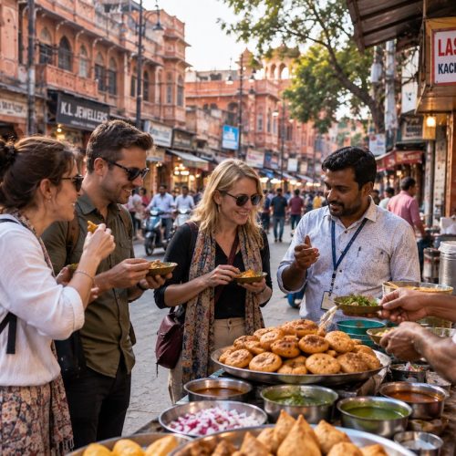 Travellers tasting local street food during a Jaipur food tour