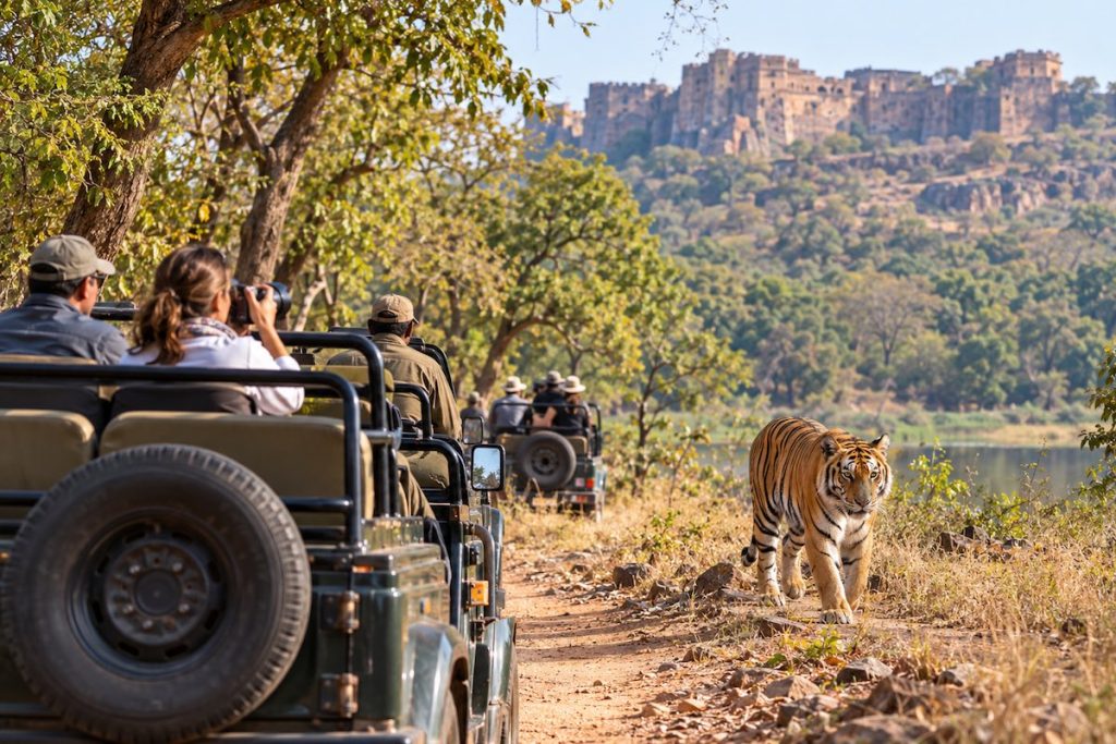 Travellers watching a Bengal tiger during a Ranthambore National Park safari
