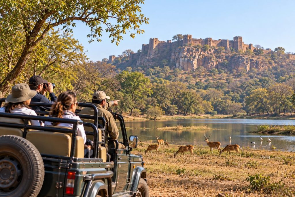 Travellers on a Ranthambore wildlife safari with deer and Ranthambore Fort in the background