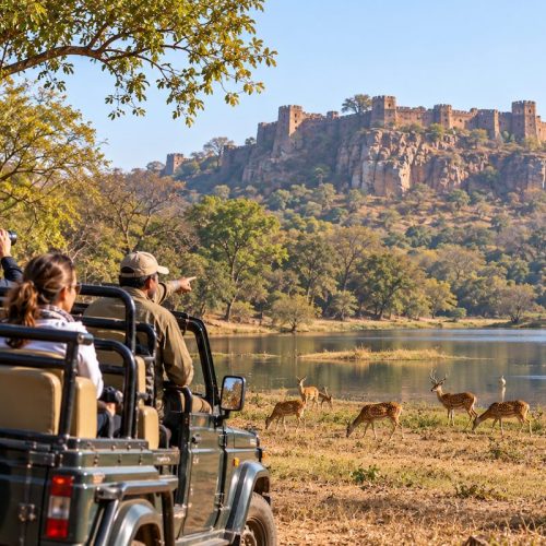 Travellers on a Ranthambore wildlife safari with deer and Ranthambore Fort in the background