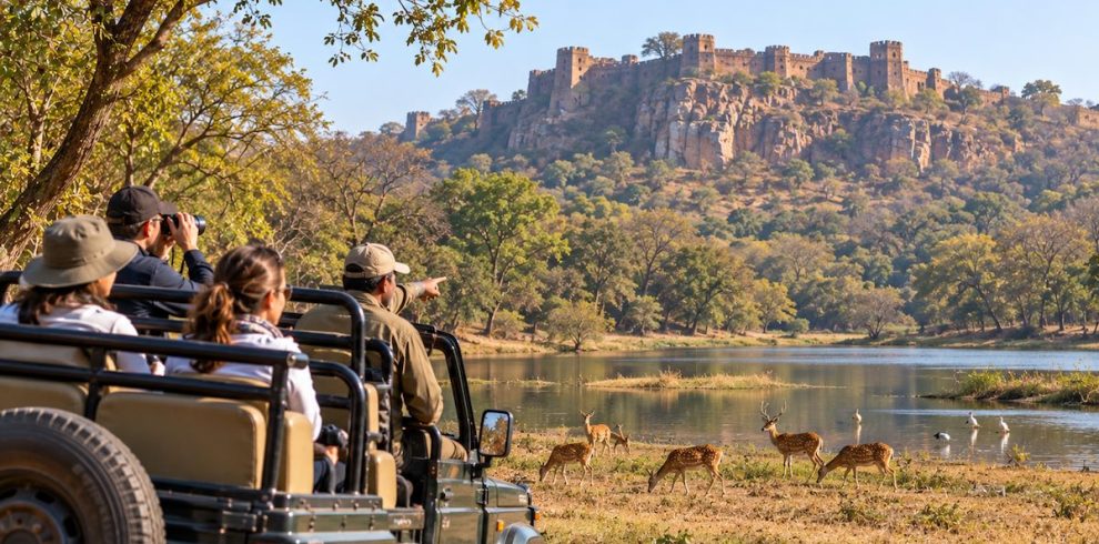 Travellers on a Ranthambore wildlife safari with deer and Ranthambore Fort in the background