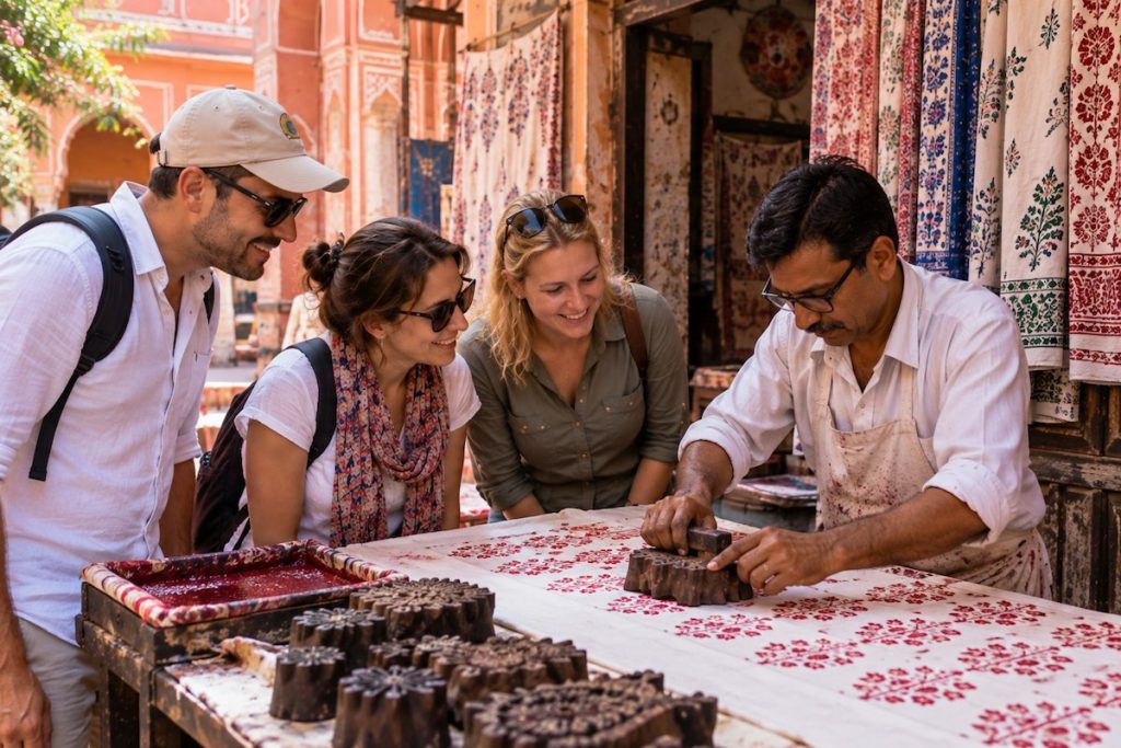 Traditional artisan demonstrating block printing during a Jaipur cultural experience