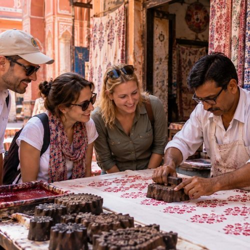 Traditional artisan demonstrating block printing during a Jaipur cultural experience
