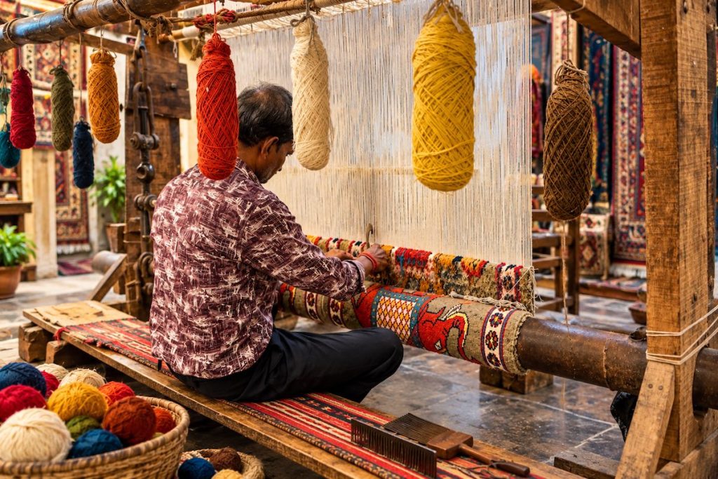 Traditional carpet artisan weaving a handmade carpet in Jaipur Rajasthan