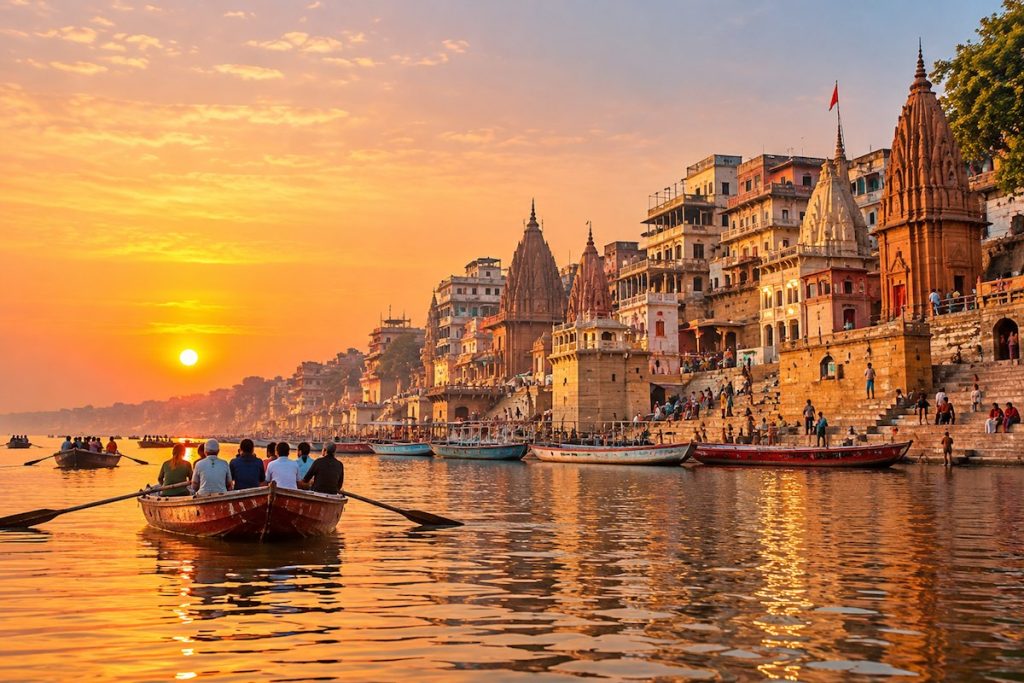 Sunrise boat ride on the River Ganges in Varanasi, with travellers enjoying golden morning views of the historic ghats.
